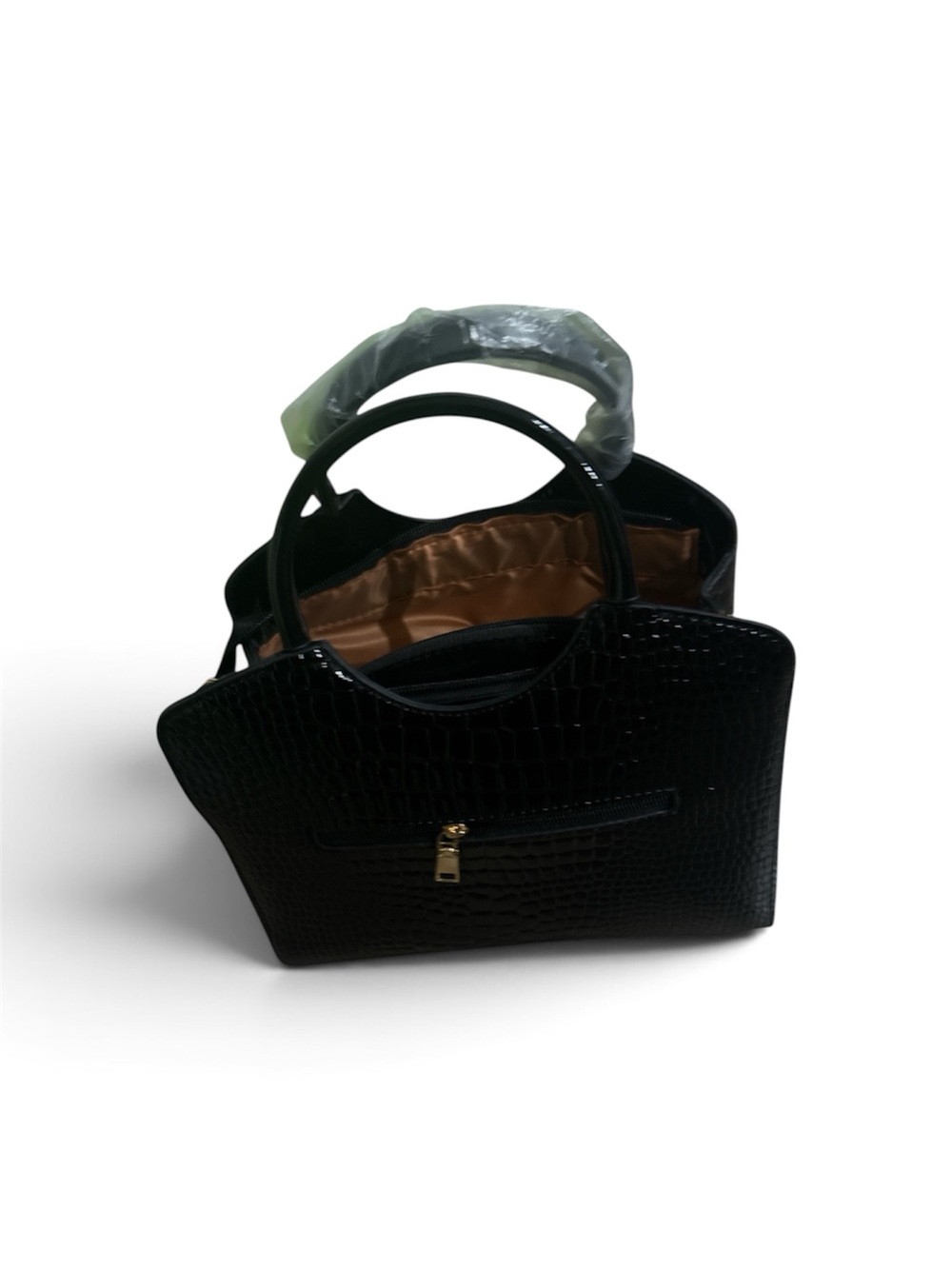 Black Croc-Embossed Tote Bag with Gold Accent
